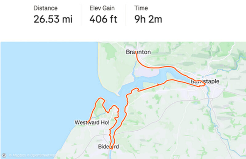 Map of coastal walking route between Braunton and Westward Ho!, Somerset, UK